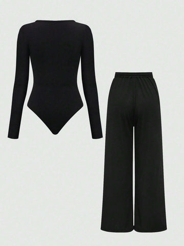 MOOSTA Summer Casual Plain Asymmetrical Hem Bodysuit And Pants Set