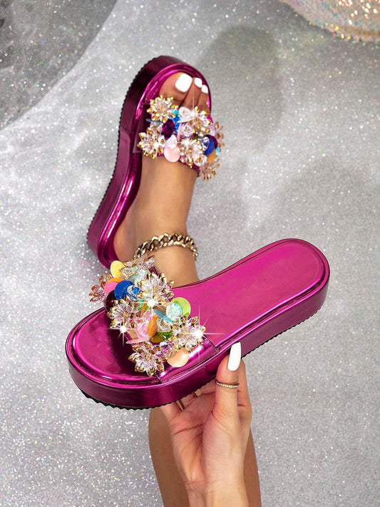 Women's Wedge Heel Sandals With Thick Sole, Purple Diamond Decorated Slippers