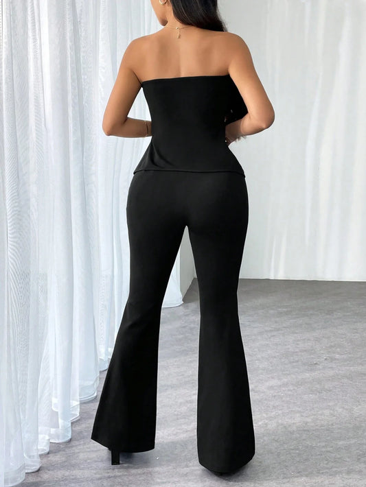 Priv� Women's Commute ElegantSummer Asymmetrical Tight Strapless Black Knit Tops And Flared Pants