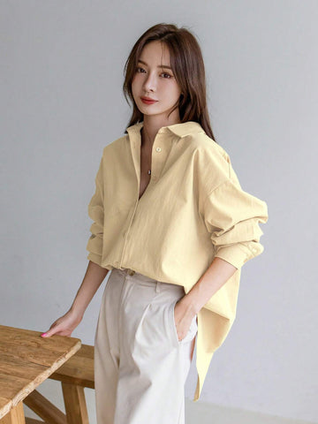 Dazy-Less Women's Solid Color Simple Daily Long Sleeve Shirt