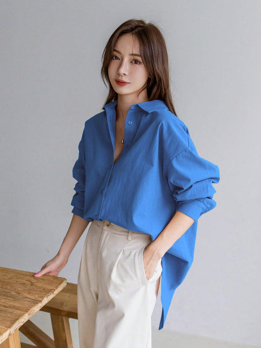 Dazy-Less Women's Solid Color Simple Daily Long Sleeve Shirt