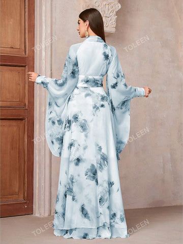 Women's Elegant Floral Print High Waist Bell-Sleeve Dress