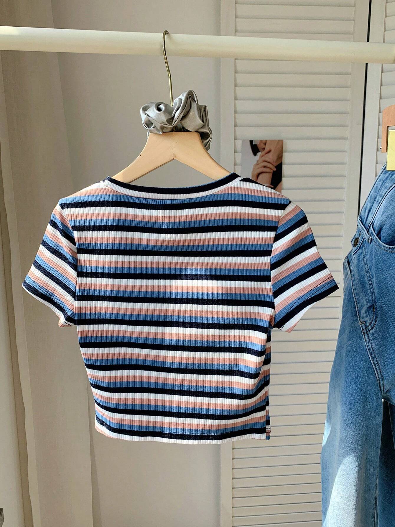 EZwear Colorful Striped Knitted Slim Fit Women's T-Shirt