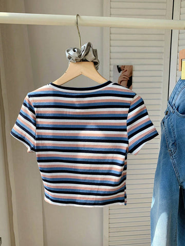 EZwear Colorful Striped Knitted Slim Fit Women's T-Shirt