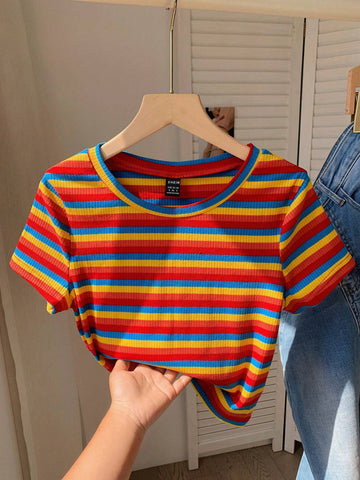 EZwear Colorful Striped Knitted Slim Fit Women's T-Shirt