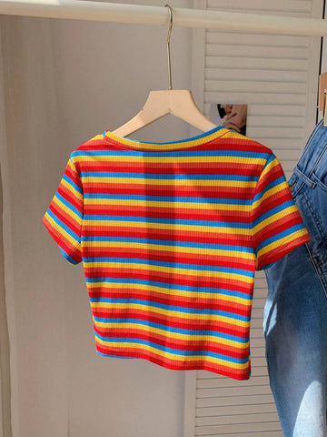 EZwear Colorful Striped Knitted Slim Fit Women's T-Shirt