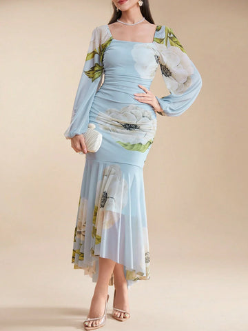 Modely Women'S Square Neckline Flower Printed Dress
