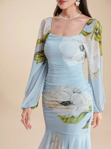 Modely Women'S Square Neckline Flower Printed Dress