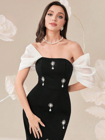 MModely Elegant Color Block Splice Women's Summer Long Dress With Rhinestone Decoration