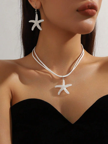 1 set of 3 pieces simple fashion starfish pendant necklace marine style exaggerated earrings