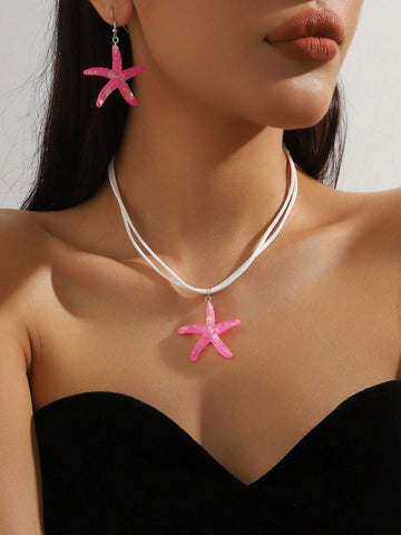 1 set of 3 pieces simple fashion starfish pendant necklace marine style exaggerated earrings