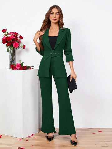 Clasi Ladies Belted Three-quarter Sleeve Suit With Pleats