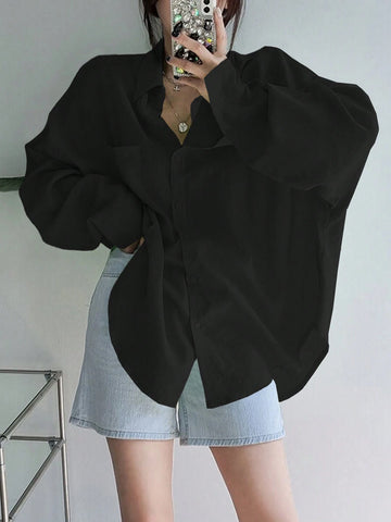 Women's Solid Color Single Breasted Asymmetrical Hem Super Loose Shirt