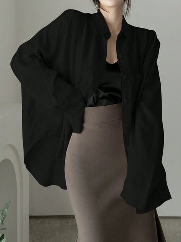 Women's Solid Color Single Breasted Asymmetrical Hem Super Loose Shirt