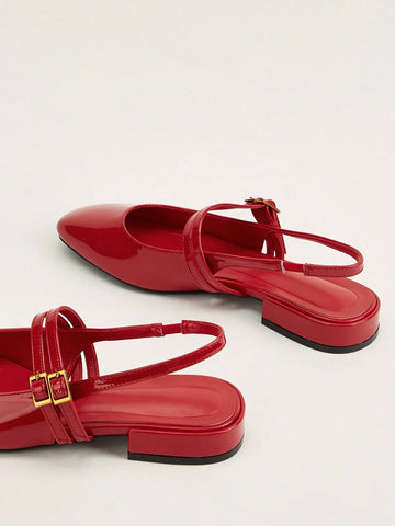 Holiday-Style Wine Red Round Toe Buckled Flat Shoes