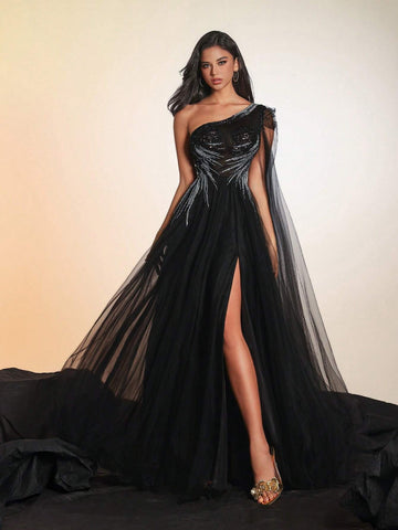 VIPGIRL VIPGIRL Elegant Long Sequined Mesh Evening Gown For Women