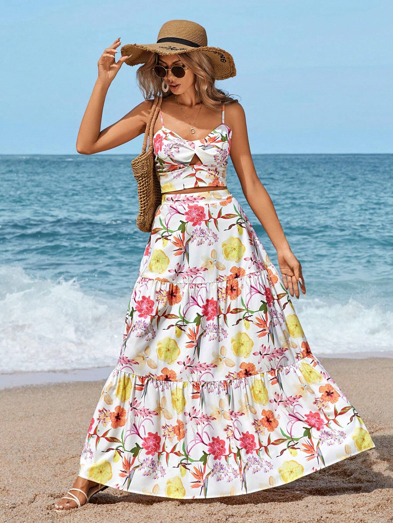 VCAY Floral Printed Spaghetti Strap Twist Front Sleeveless Top And Ruffled Hem Skirt