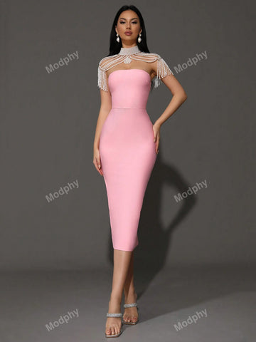 Modphy New Strapless Bodycon Dress With Pearl Necklace, Shawl Collar, Neck Strap And Midi Length