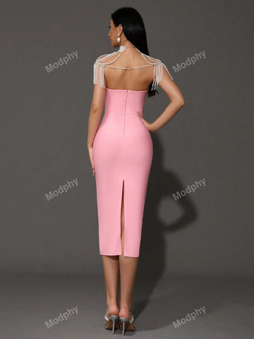 Modphy New Strapless Bodycon Dress With Pearl Necklace, Shawl Collar, Neck Strap And Midi Length