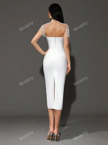 Modphy New Women's Strapless Tight-Fitting Sexy Pearl Necklace Party Bandage Medium-Length Dress With Shawl Neck Chain