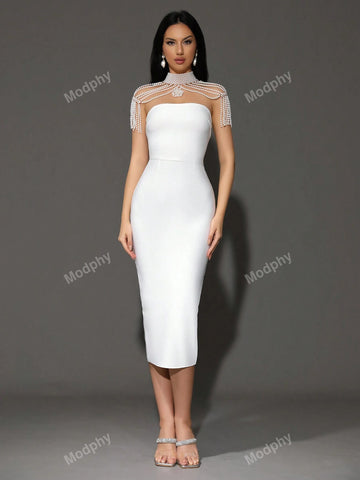 Modphy New Women's Strapless Tight-Fitting Sexy Pearl Necklace Party Bandage Medium-Length Dress With Shawl Neck Chain