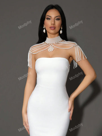 Modphy New Women's Strapless Tight-Fitting Sexy Pearl Necklace Party Bandage Medium-Length Dress With Shawl Neck Chain