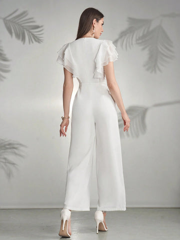 Modelyn Women Solid Color Mesh Panel Casual Jumpsuit