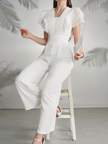 Modelyn Women Solid Color Mesh Panel Casual Jumpsuit