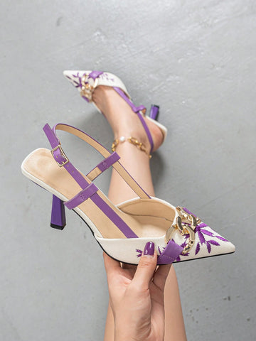 Women's Embroidery Chain Decor Pointed Toe Slip-On High Heel Sandals