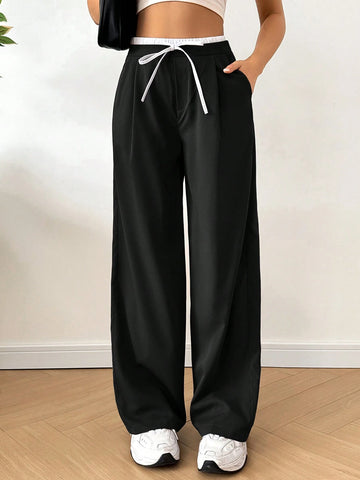 EZwear Women's Lace-Up Pleated Casual Daily Wear Long Pants