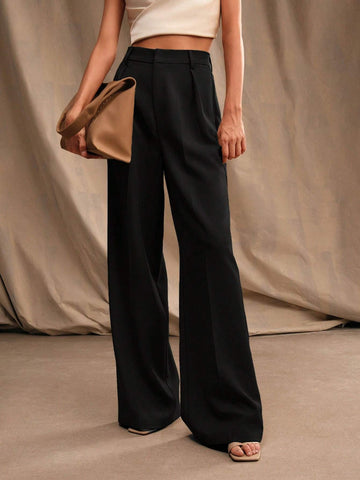 Anewsta Casual Straight High Waist Solid Color Trousers