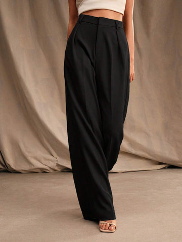 Anewsta Casual Straight High Waist Solid Color Trousers