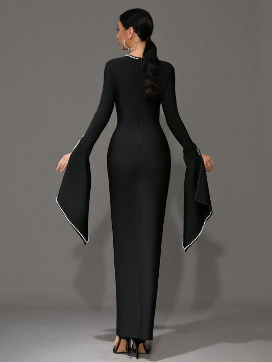 New Round Neck Bell Sleeve Beaded High Stretch Sexy Bodycon Long Bandage Dress