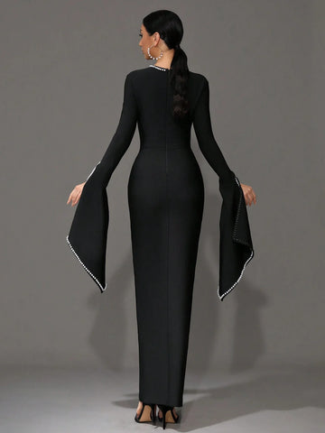 New Round Neck Bell Sleeve Beaded High Stretch Sexy Bodycon Long Bandage Dress
