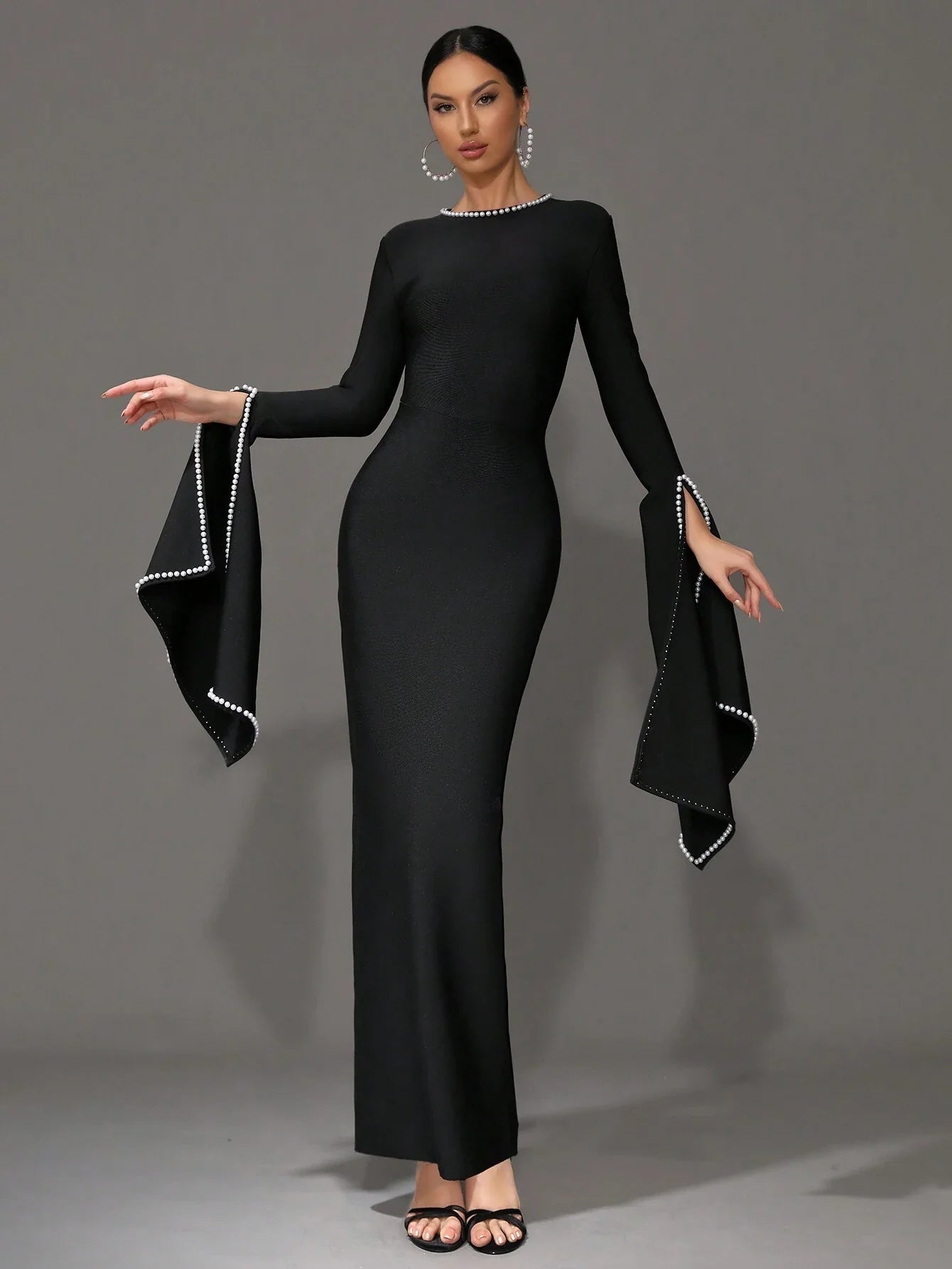 New Round Neck Bell Sleeve Beaded High Stretch Sexy Bodycon Long Bandage Dress