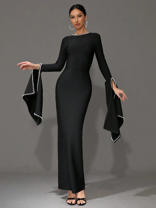 New Round Neck Bell Sleeve Beaded High Stretch Sexy Bodycon Long Bandage Dress