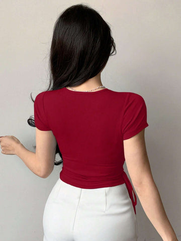 Hollow Drawstring Slim-Fit Short Sleeve T-Shirt