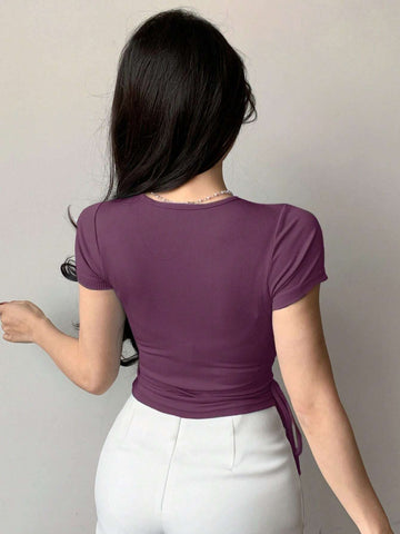 Hollow Drawstring Slim-Fit Short Sleeve T-Shirt