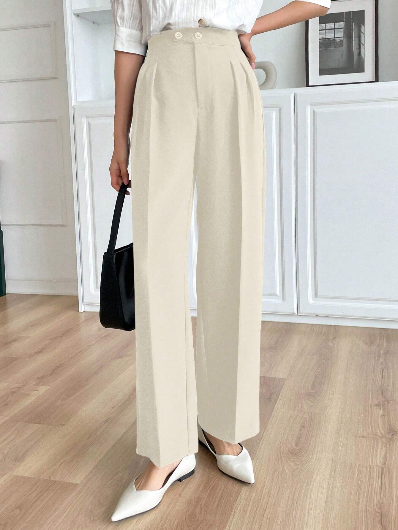 Solid Color Buttoned Straight Leg Regular Fit Casual Pants