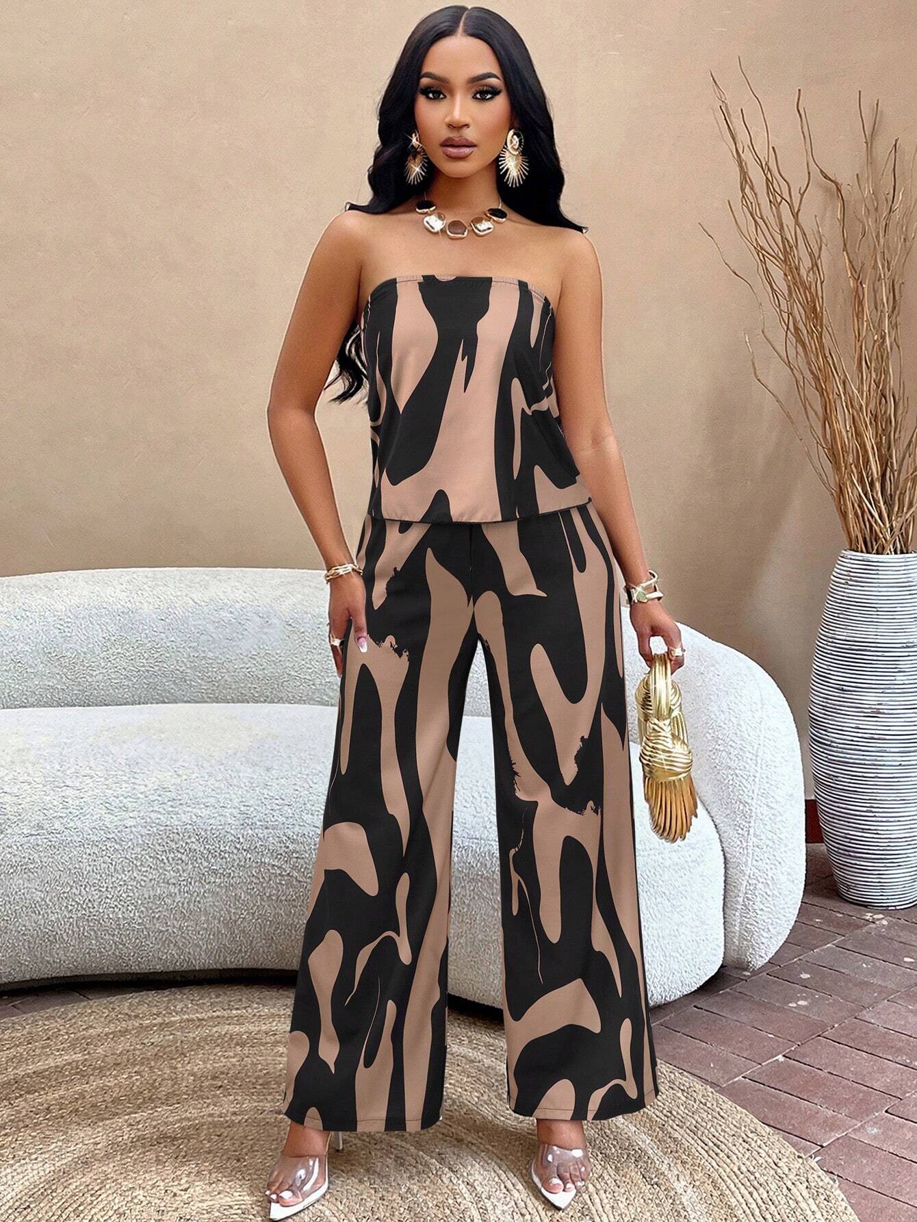 Slayr Geo Print Draped Back Tube Top & Wide Leg Pants Set
