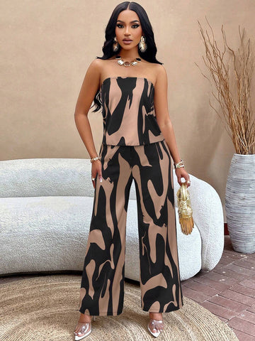 Slayr Geo Print Draped Back Tube Top & Wide Leg Pants Set