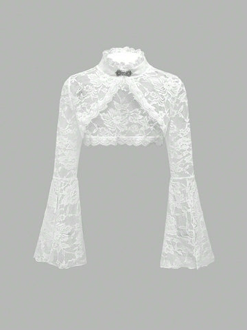 ROMWE Goth Gothic Style Open Front Frill Flare Sleeve Lace Trim Cardigan