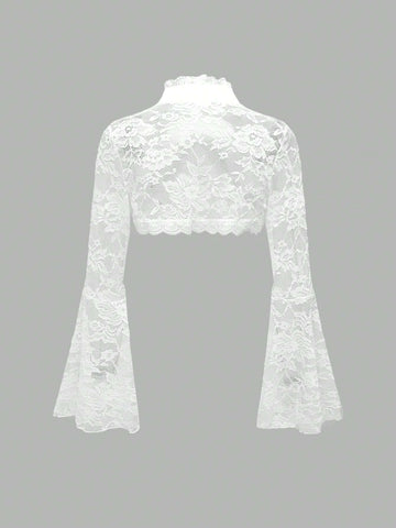 ROMWE Goth Gothic Style Open Front Frill Flare Sleeve Lace Trim Cardigan