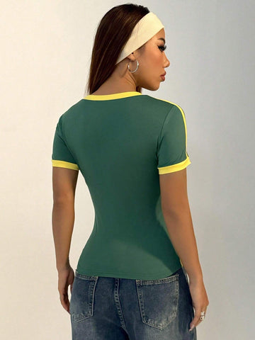 Women Casual Sports V-Neck Brazilian Color Blocking Short Sleeve T-Shirt