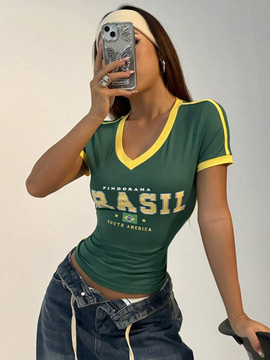Women Casual Sports V-Neck Brazilian Color Blocking Short Sleeve T-Shirt