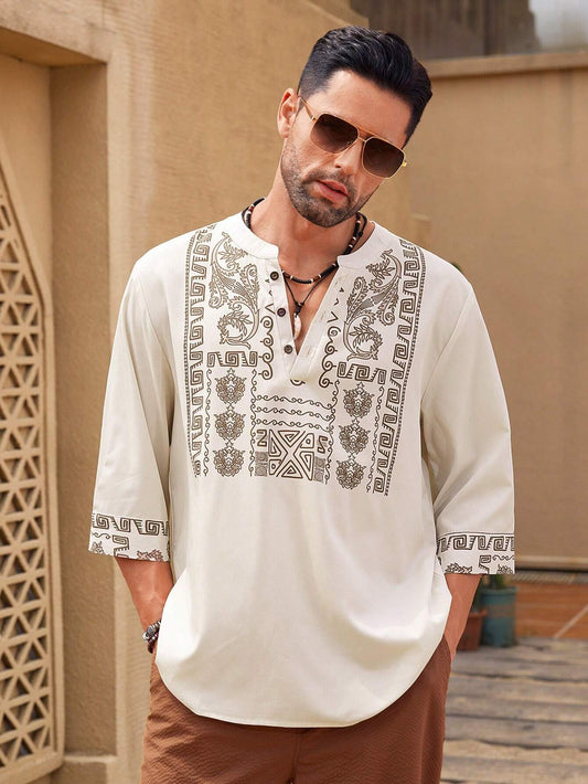 Manfinity Homme Men's Fashion Printed Mid Length Sleeve V Neck Shirt