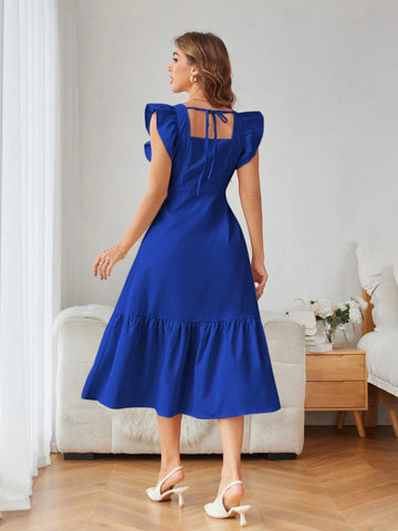 Rosie Solid Color Square Neck Ruffle Armhole And Hemline Dress