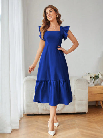 Rosie Solid Color Square Neck Ruffle Armhole And Hemline Dress