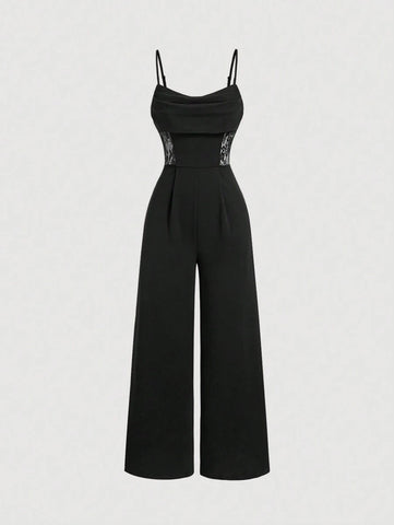 Retro Lace Hollow Out , Wide Leg Jumpsuit