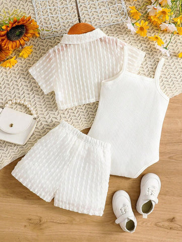 Baby Girls' Holiday Leisure Style Textured Fabric Short Sleeved Shirt + Shorts + Suspenders Romper